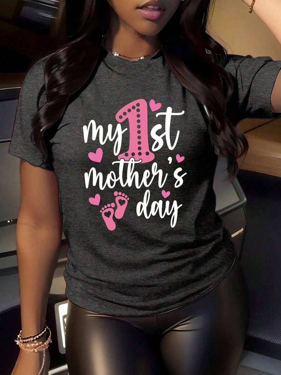 Camiseta para el Primer Día de la Madre para Mujer - Estampado de Huellas y Corazones Rosados para mi Primer Día de la Madre, Regalo para Anunciar el Embarazo a una Nueva Mamá, Camiseta de Manga Corta con Cuello Redondo Suave y Elástica para Mamás, Ropa Casual para Todas las Temporadas (Rosa y Blanco) - Negro - Ver 1