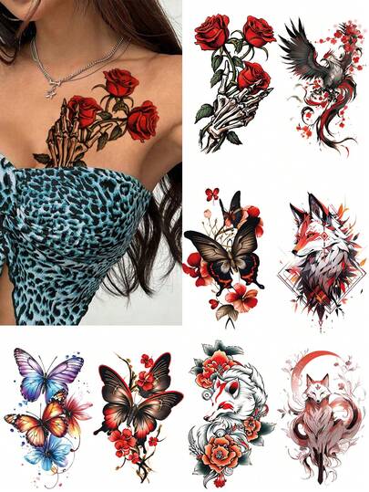 8pcs Floral Temporary Tattoos, Realistic & Long-Lasting Fake Tattoos, Waterproof Large Body & Hand Tattoo Stickers For Adults, Suitable For Arms, Legs, Back, Waist, Summer Music Festival & Celebration Decoration
