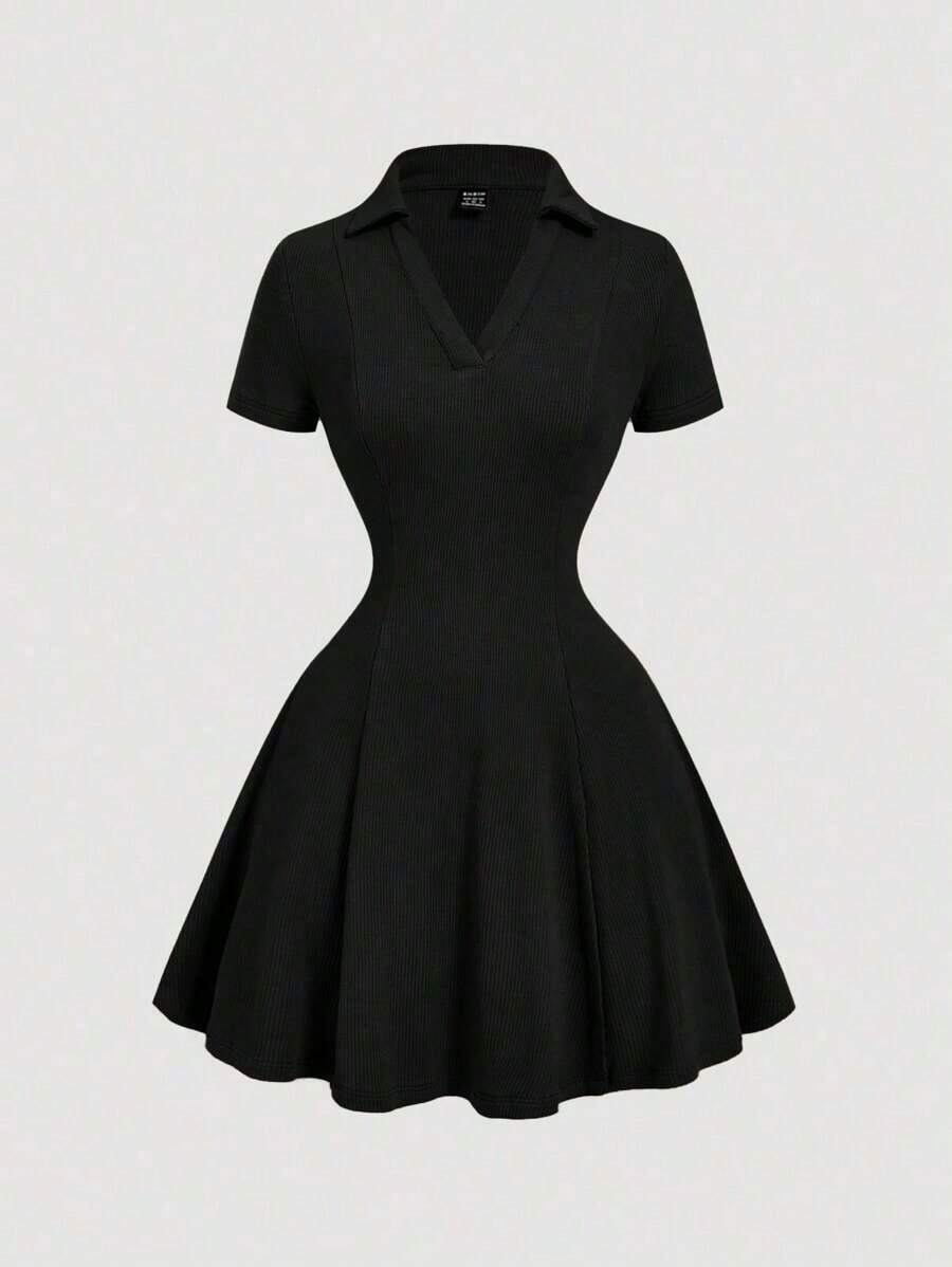 Vestido mini de punto con cuello de volantes en caqui vintage - Estilo preppy, años 70, informal, cómodo, para ir y venir, estética de dinero antiguo, perfecto para atuendos escolares, atuendos de enseñanza y ropa de oficina - Negro - Ver 1