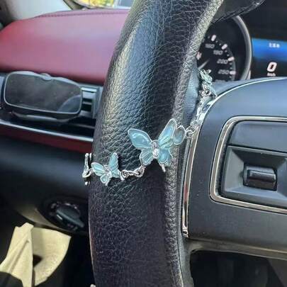 Blue Butterfly Silver-Colored Steering Wheel Chain - Feminine Charming Car Accessory, Shining Interior Car Decoration, Birthday Gift, Driver's Car Pendant