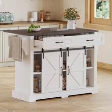 Kitchen Island With Fold-Down Worktop, Kitchen Trolley On Casters, Kitchen Unit With 2 Sliding Doors And 2 Drawers, Barn Style, White, Kitchen Storage Unit, 120 * 45 (70) * 91 Cm - 白色 - 查看 5