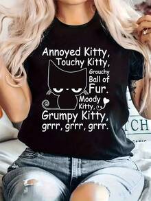 Talla Grande - Camiseta Casual para Mujer Talla Grande - Diseño Gráfico "Annoyed Kitty", Cuello Redondo, Manga Corta, Tela Ligeramente Elástica, Camiseta Cómoda para Todas las Temporadas con Diseño Original, Camisetas Talla Grande - Negro - Ver 1