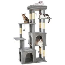Árbol para gatos resistente de 61" y varios niveles para gatos grandes de interior y Maine Coons – Plataforma extra grande, 2 condominios espaciosos, postes rascadores de sisal natural, juguetes, centro de actividades moderno y robusto para gatos, verde/beige. - Gris claro - Ver 3
