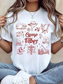 Camiseta Camp Vibes, camiseta de aventura al aire libre, sudadera con capucha para acampar, regalo para amantes de la naturaleza, camiseta para senderismo y acampada, camiseta de viaje familiar de montaña. Camiseta unisex de algodón puro de 220 g, peso ideal para todas las estaciones, adecuada tanto para hombres como para mujeres. Tejido duradero de alta calidad, suave al tacto y de larga duración. Camiseta transpirable. Adecuada para mujeres en primavera y verano, vacaciones, Día de la Madre, Día de la Independencia. - Blanco - Ver 1