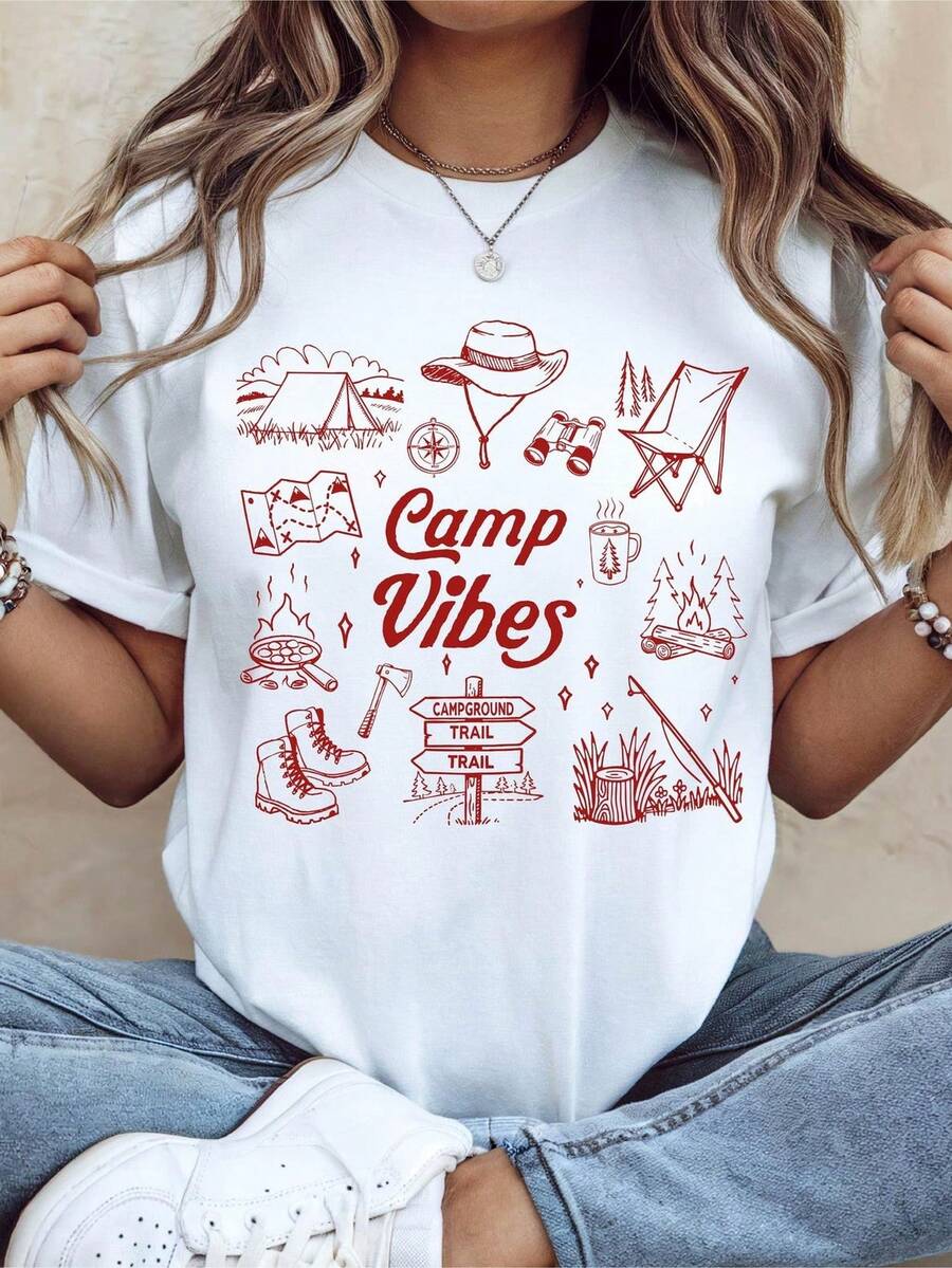 Camiseta Camp Vibes, camiseta de aventura al aire libre, sudadera con capucha para acampar, regalo para amantes de la naturaleza, camiseta para senderismo y acampada, camiseta de viaje familiar de montaña. Camiseta unisex de algodón puro de 220 g, peso ideal para todas las estaciones, adecuada tanto para hombres como para mujeres. Tejido duradero de alta calidad, suave al tacto y de larga duración. Camiseta transpirable. Adecuada para mujeres en primavera y verano, vacaciones, Día de la Madre, Día de la Independencia. - Blanco - Ver 1