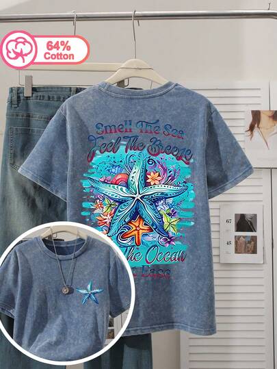 Camiseta de cuello redondo de algodón con lavado ácido y estampado de estrellas de mar azules para mujer talla grande, perfecta para el uso diario en verano.