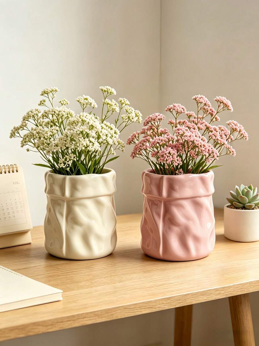 1个皱纸袋造型花瓶，米色美学家居桌面装饰，ins风纹理花盆，适合客厅/卧室，粉色和米白色 - 紙袋 - 查看 1