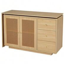 Desk, L-Shaped Corner Desk, Computer Desk With Rattan Doors, Dressing Table, White 126 Cm - Natural Wood - 查看 3