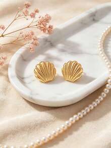 1 Đôi bông tai hình vỏ sò bằng kim loại, kiểu dáng hình học, thích hợp cho kỳ nghỉ hè ở bãi biển, dành cho nữ - Vàng - Xem 3