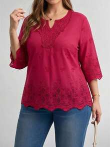 Blusa de verano de talla grande, de unicolor, hueca, bordada, casual, para vacaciones, temporada de bodas, nuevo diseño de playa para mujer - Burdeos - Ver 5