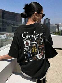 Camiseta de manga corta con cuello redondo y estampado de dibujos animados casual para mujer L5SM - Negro - Ver 7