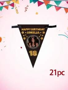 Bandeirola de aniversário personalizada com foto e texto, bandeirinha triangular personalizada com nome e idade, decoração para festa de aniversário de 18/21/30 anos, bandeirinha triangular preta com estrelas brilhantes, decoração para festa de aniversário. - Multicolorido - Ver 24