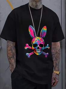 Men's T-Shirt With Skull And Rabbit Ear Design, Round Neck, Casual Style, Suitable For Spring And Autumn, Loose And Comfortable. - Black - View 1
