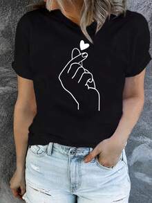 Round Neck T-Shirt With Gesture Print Instead Of Hearts, Casual Short Sleeve T-Shirt For Spring And Summer, Women's Clothing - 黑色 - 查看 1
