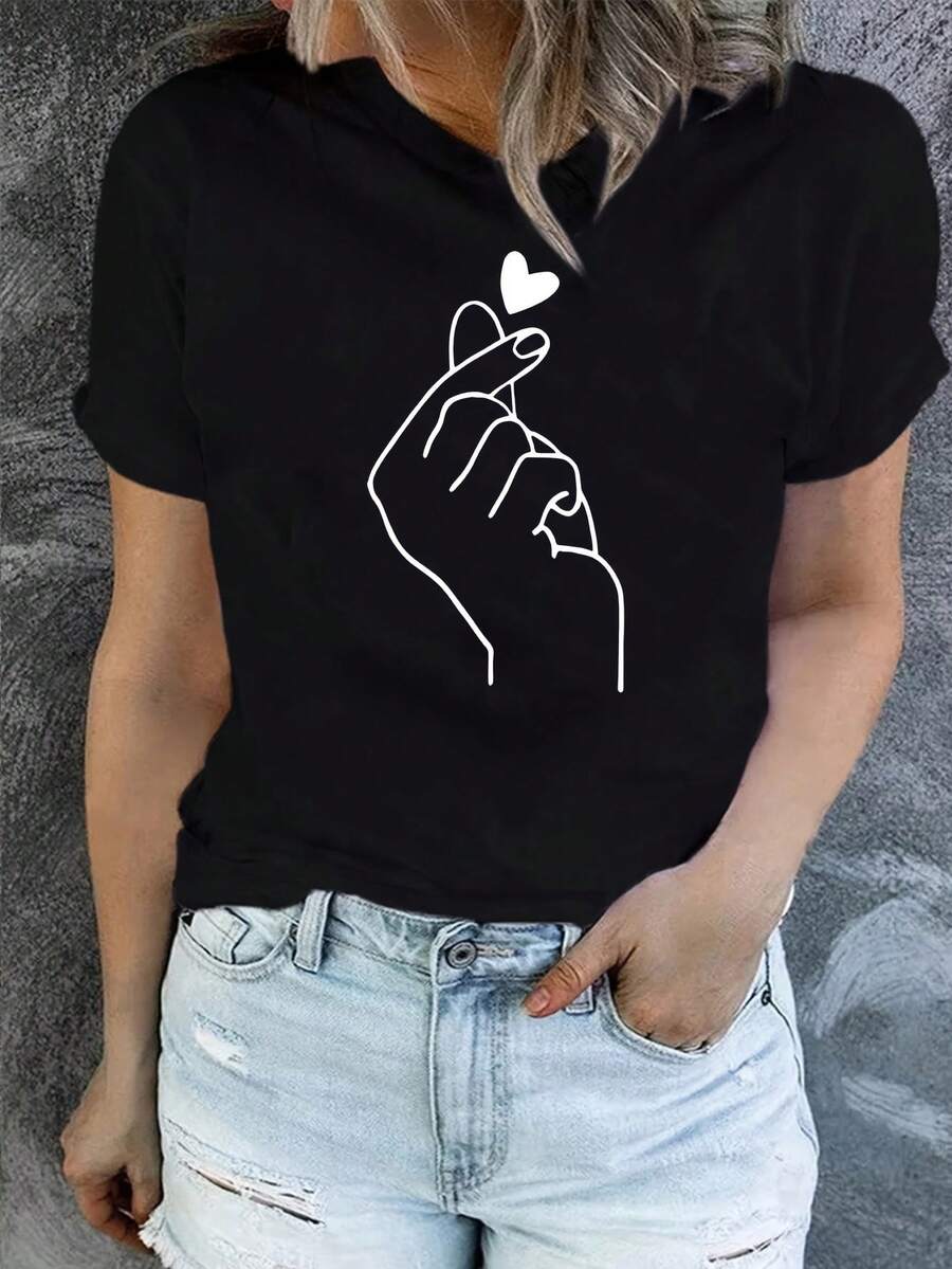 Round Neck T-Shirt With Gesture Print Instead Of Hearts, Casual Short Sleeve T-Shirt For Spring And Summer, Women's Clothing - 黑色 - 查看 1