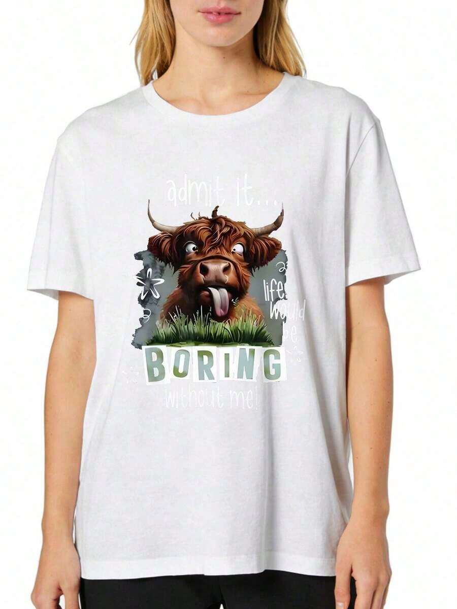 Women's Clothing: Plus Size Short-Sleeve T-Shirts, Soft And Breathable - Casual Loose-Fit Tops For Everyday Wear, Featuring Fun And Popular Highland Cattle Prints, Comfortable To Wear. Women's Shirts - 白色 - 查看 1