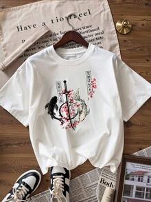 Short-Sleeve T-Shirt With Ukiyo-E And Zen Style, Fashionable Short-Sleeve T-Shirt For Spring And Summer 2026, Made In Mexico, 180 Grams. Cartoon Print, Couple Design, Suitable For Indoor Or Outdoor Wear. Crew Neck, Unisex, Ideal For Office And Leisure. One-Piece Pack. - WH-P631577SLNDXZGY493 - 查看 3