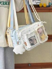 可爱洛丽塔小号斜挎包 卡哇伊日系痛包 女孩款 适合10厘米娃娃 痛包 DIY透明单肩包 女士星星印花尼龙包 钱包和手提包 动漫迷演唱会包 展示徽章迷你包 - 白色 - 查看 6