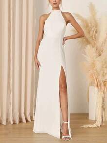 Vestido de fiesta largo azul claro halter con abertura lateral alta, diseño elegante de verano, ideal para graduaciones y eventos nocturnos. - Blanco - Ver 6
