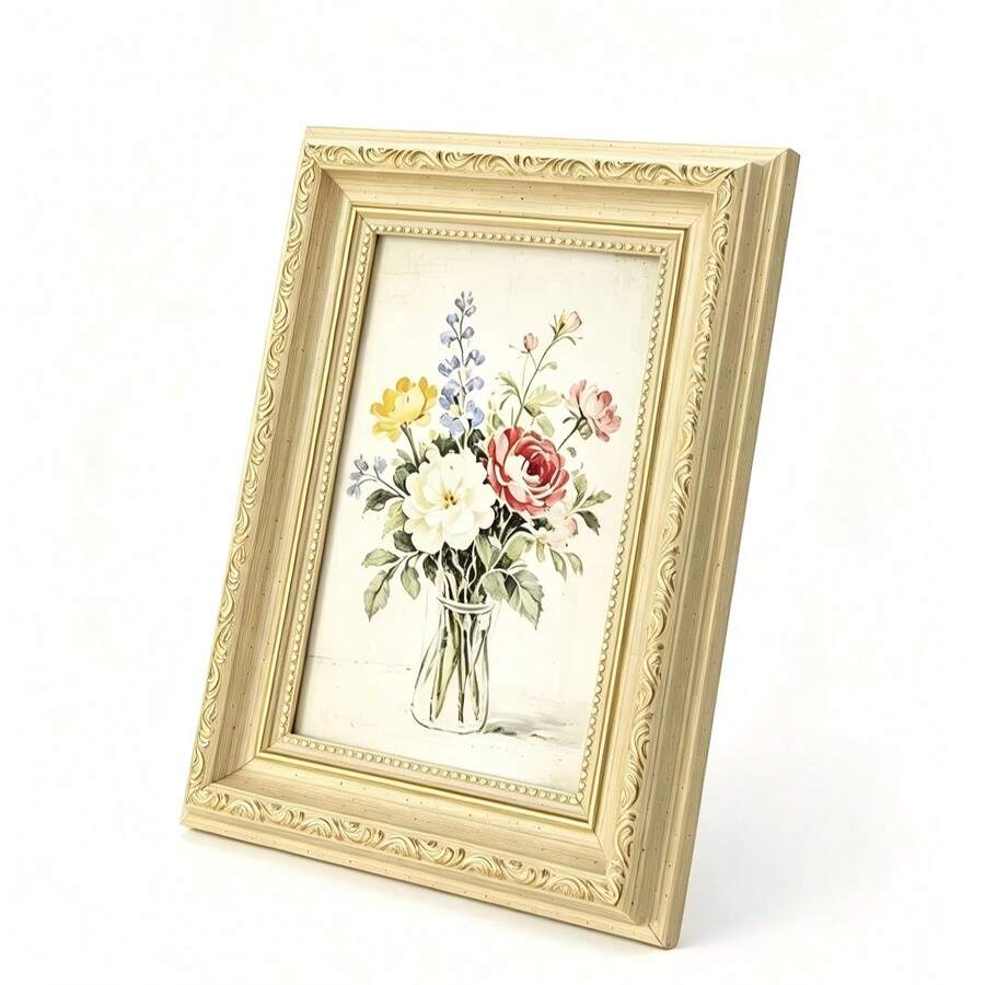 1pc Beige Wooden Texture Photo Frame, Retro Minimalist Elegant French Romantic Rustic Style Frame