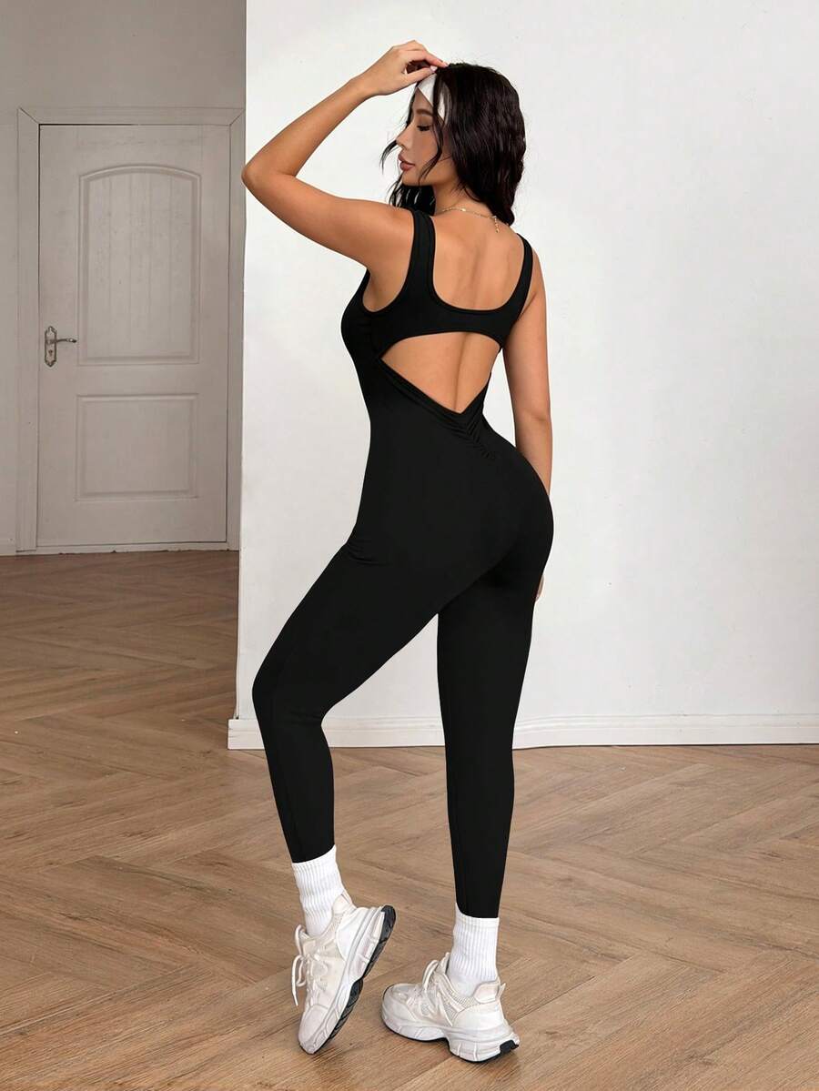 جمبسوت نسائي من فينورا بدون أكمام بياقة مربعة وظهر مكشوف وتجاعيد، مناسب لرأس السنة أو للارتداء اليومي العادي - الأسود - مشاهدة 1