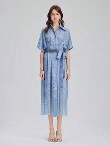 Rich Radi Q's 女士高领系带蓝色长款连衣裙，饰有蕾丝腰带和直筒下摆，休闲优雅的设计，适合夏季外出穿着。 - 藍色 - 查看 11