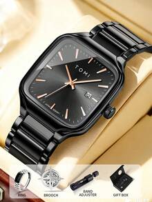 TOMI Men's Quartz Watch With Logo Brooch & Ring, Stainless Steel Strap, Deep Blue Brushed Dial, Vintage Rectangular Case, Quartz Movement, Gift Box Set, Suitable For Daily Life, Business Events, Father's Day, Valentine's Day, Christmas, Commuting, Dating - Black - View 11