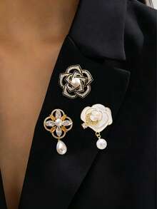 Conjunto de broches de flor con perlas y cristales, alfileres de solapa elegantes con camelias y flores de tono dorado para mujeres - Multicolor - Ver 2