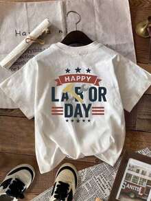 1 pieza Linda camiseta casual de algodón puro para mujer con cuello redondo, top de manga corta con estampado retro de estrellas y letras "Happy Labor Day" a doble cara, conjunto de moda diaria para verano, estilo urbano y deportivo - Blanco - Ver 2