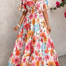 Vacation Stylish Floral Print Ruffle Sleeve Crossed Neck Dress Summer Beach Dress Vacation Outfits Women Spring Summer Outfits Floral Dress Country Dress Resort Wear Women Vacation Dress Women's Summer Dresses Women Spring Dress Floral Women Dress Wild Flower Dress Women Summer Dresses - Multicolor - Ver 1