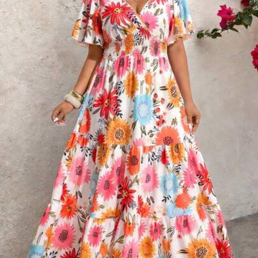 Vacation Stylish Floral Print Ruffle Sleeve Crossed Neck Dress Summer Beach Dress Vacation Outfits Women Spring Summer Outfits Floral Dress Country Dress Resort Wear Women Vacation Dress Women's Summer Dresses Women Spring Dress Floral Women Dress Wild Flower Dress Women Summer Dresses - Multicolor - Ver 1