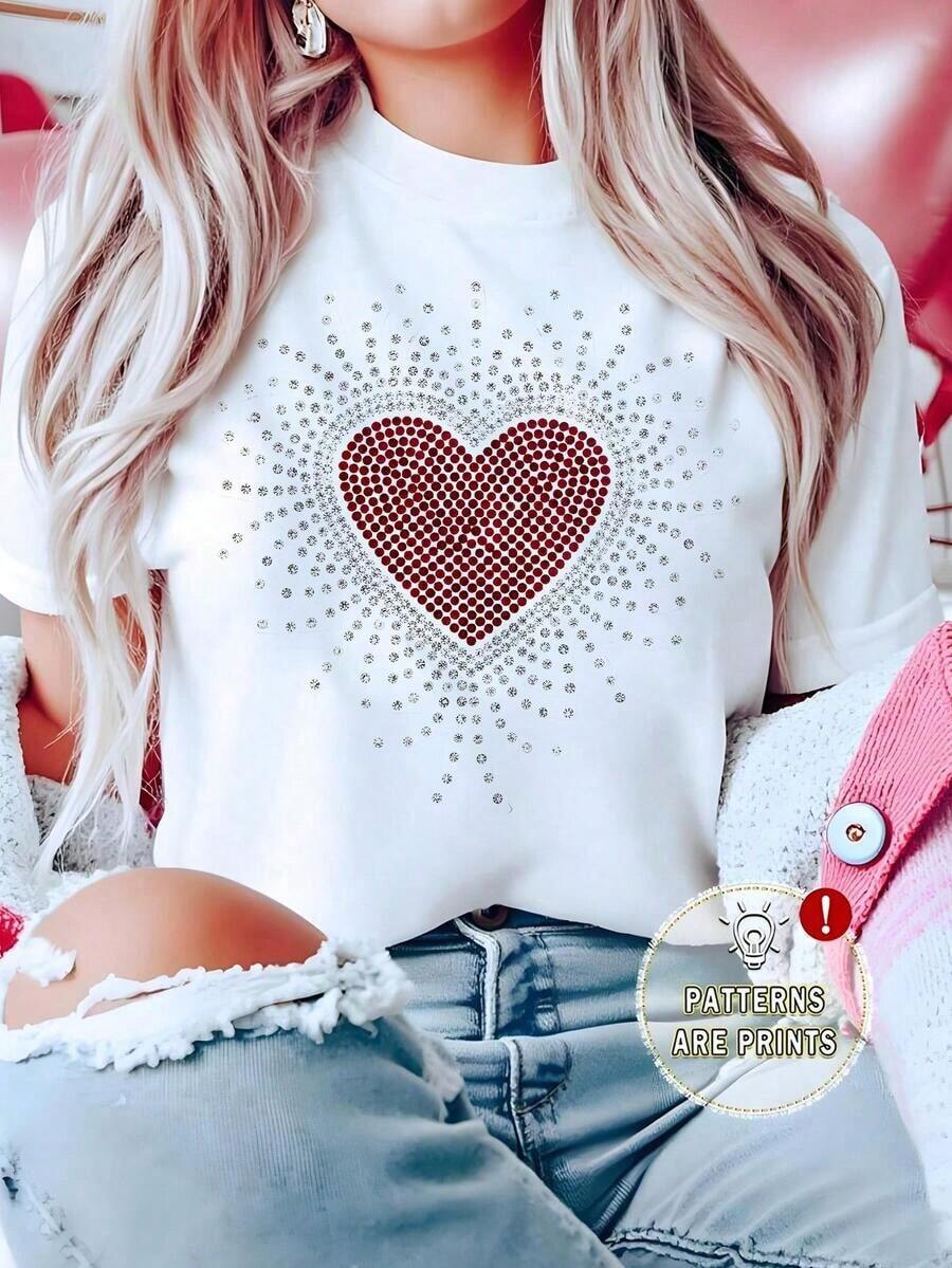 Breathable White T-Shirt For Women With Radiant Red Rhinestone Heart Graphic, Aesthetic Short Sleeve Love Sparkle Tee, Modern Romantic Top, Fashionable Casual Blouse For Valentine's Day, Warm Clothing For Women - 白色的 - 查看 1