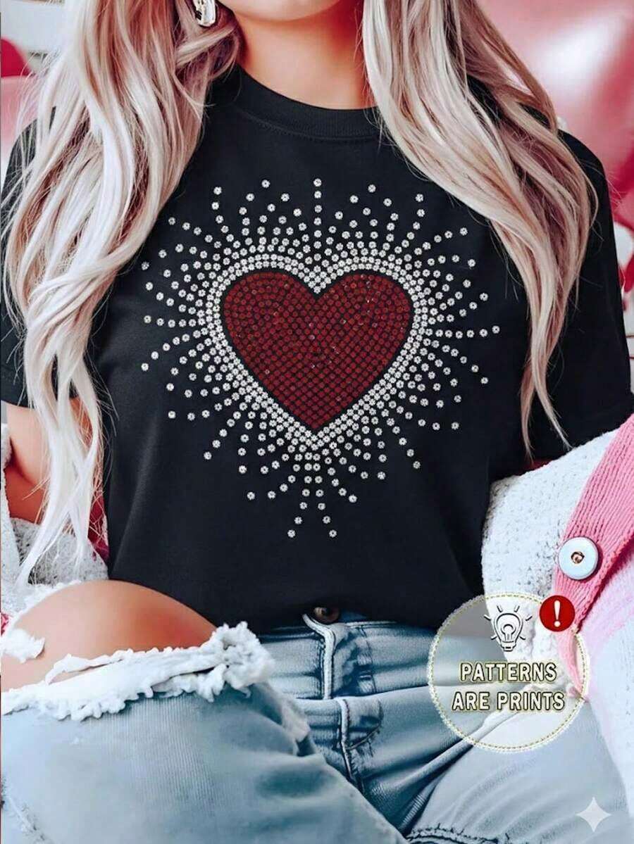 Breathable White T-Shirt For Women With Radiant Red Rhinestone Heart Graphic, Aesthetic Short Sleeve Love Sparkle Tee, Modern Romantic Top, Fashionable Casual Blouse For Valentine's Day, Warm Clothing For Women - 黑色 - 查看 1