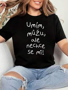 Camiseta de talla grande para mujer Umim, Mozem, Ale Nechce Se Mi con estampado gráfico, manga corta y cuello redondo, top casual para verano y primavera, ropa de mujer - Negro - Ver 1