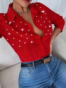 Blusa blanca casual con cuello y bolsillo, de manga larga ajustada para mujeres - Rojo 2 - Ver 3