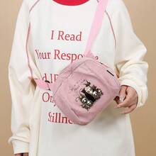 Corduroy Crossbody Bag For Women And Girls  
Nightmare Before Christmas Characters And Magic Words Print  
Perfect For Daily Use School Travel And Casual Outings - Hồng - Xem 2