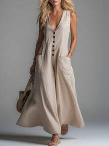 New Spring-Summer Dress For Women, Casual Style, Solid Color, Deep V-Neck, Patch Pockets, Flattering Design, Perfect For Daytime Looks, Walks And Informal Occasions - Apricot - View 5