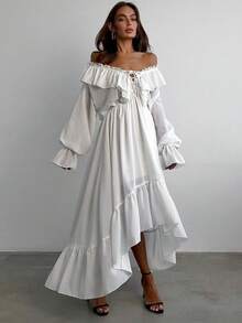 Vestido blanco gasa 2026, cuello V con cordón, manga acampanada, diseño asimétrico corte A largo casual - Blanco - Ver 2
