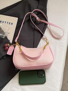 1pc Women's Solid Color PU Shoulder Bag, Versatile Underarm Bag For Work Commute, Adjustable Strap Crossbody Bag, Elegant Cherry Blossom Charm - Pink - View 5