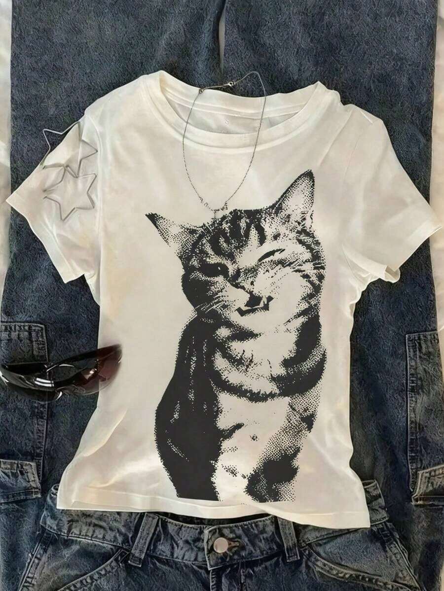 Camiseta de manga corta con cuello redondo para mujer, estampada, transpirable, cómoda y de corte holgado, moda de temporada completa, 2025 camisetas para mujer - Estilo - Ver 1