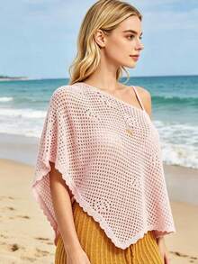 Poncho Tejido de Mujer Calado Unicolor, Cuello Redondo, Manga Murciélago, Asimétrico, Ligero para Playa y Vacaciones de Verano - Rosa - Ver 8