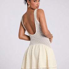 Women's Spring Summer Apricot Elegant Beach Vacation Travel Daily Party V Neck Sleeveless Ruffle Layered Asymmetric Hem Crochet Mini Dress,Concert Outfit Women,Spring Break Dresses,Sun Dress,White Graduation Dress,Business Casual Woman - Blanco - Ver 3