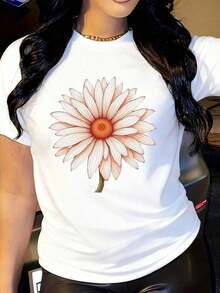 Women's Casual Short Sleeve T-Shirt - Floral Daisy Print On Black Lace, 100% Cotton, Round Neck, Breathable, For Everyday Spring And Summer Wear, Machine Washable, Regular Fit - 白色 - 查看 6