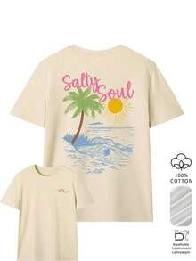 [Local Delivery] Women's T-Shirt Women's Beach T-Shirt "Salty Soul" With Palm Tree, Sun And Waves Printed Design On The Back, 100% Cotton, Breathable And Comfortable, Beach Vacation Style, Suitable For Beach Days, Summer Vacation And Casual Beach Fashion. - 杏色 - 查看 7