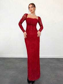 Vestido negro ajustado hasta el suelo con cuello corsé ahuecado y mangas largas con encaje en forma de S sexy para mujer para fiestas, citas y banquetes de otoño/invierno nuevo - Burdeos 2 - Ver 3