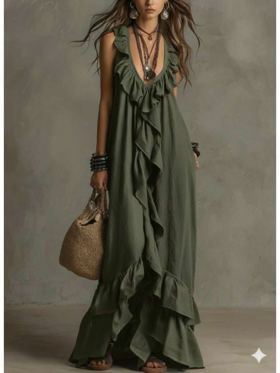 Vestido nuevo para mujer, estilo boho urbano, mangas cortas, cuello V, detalles de volantes, aire retro, cómodo y favorecedor, perfecto para paseos, citas y looks de día - Verde militar - Ver 1