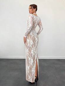 Vestido negro ajustado hasta el suelo con cuello corsé ahuecado y mangas largas con encaje en forma de S sexy para mujer para fiestas, citas y banquetes de otoño/invierno nuevo - Blanco - Ver 4