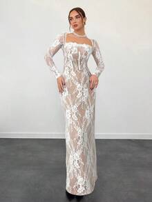 Vestido negro ajustado hasta el suelo con cuello corsé ahuecado y mangas largas con encaje en forma de S sexy para mujer para fiestas, citas y banquetes de otoño/invierno nuevo - Blanco - Ver 5