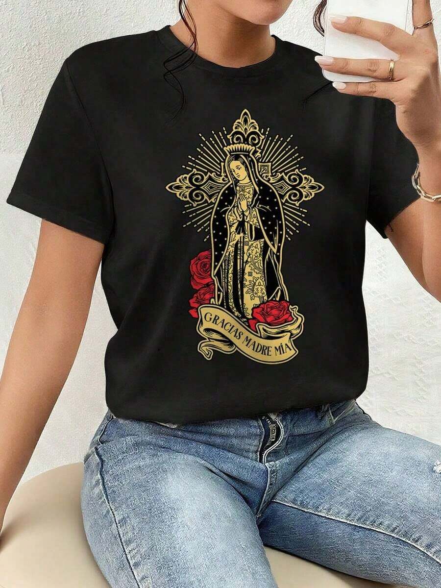 ofertas y liquidacionesPlayera Para Mujer,Blusa casual para mujer de moda con cuello redondo, manga corta y estampado de sanjudas tadeo, rosas.playera de hombretops sudaderas para mujer Y2k Camiseta Camisa De - Negro - Ver 1