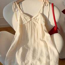 Women's Solid Color Spaghetti Strap Tie-Up Ruched Hem Minimalist Short Casual Dress,Summer Dresses For Women,Pastel Dresses For Women - Albaricoque - Ver 6